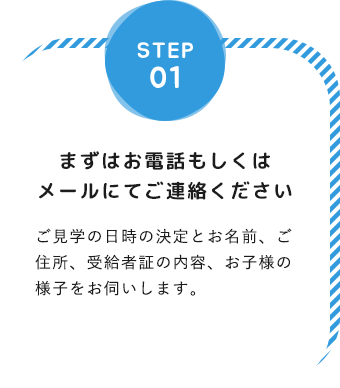 step01「まずはお電話もしくはメールにてご連絡ください」ご見学の日時の決定とお名前、ご住所、受給者証の内容、お子様の様子をお伺いします。